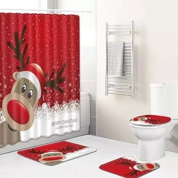 4 шт., занавеска для душа со свечой «Рождественский лось», водонепроницаемая занавеска для душа с 12 крючками, нескользящий коврик для ванной комнаты, U-образный коврик для унитаза A