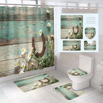 4 шт., занавеска для душа в стиле ретро с рисунком под дерево и цветком с 12 крючками, нескользящий коврик для ванной комнаты, набор для ванной комнаты с накладкой на крышку унитаза и U-образным ковриком 4pcs