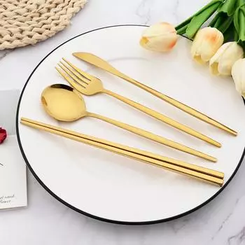 4 шт., зеркальная посуда из нержавеющей стали, золотая портативная посуда, нож, вилка, ложка, 304 палочки для еды, набор столовых приборов в западном стиле, набор столовых приборов серебряный