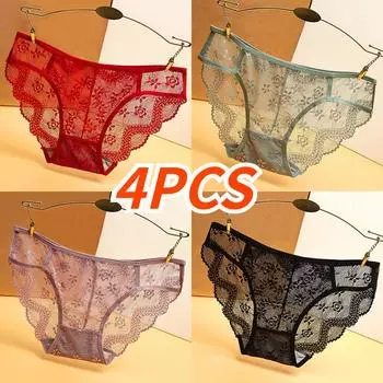 4 шт., женские кружевные трусики, нижнее белье с низкой посадкой, модные кружевные трусы, женские мягкие трусы, нижнее белье M 42.5-52.5kg серый