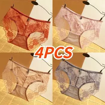 4 шт., женские сексуальные кружевные трусики, женские трусы, дышащее нижнее белье, искушение, прозрачное нижнее белье M