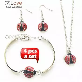 4 шт., женский модный комплект с божьей коровкой, серьги-гвоздики с подвеской в виде насекомых, браслет, ожерелье, ювелирные изделия, новый шик
