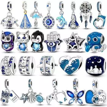 4 синие серии посеребренное сердце Сова Осьминог милые подвески в виде кота подходят бусины кулон висячий браслет DIY для женщин