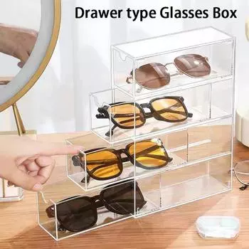 4-слойный акриловый ящик для хранения очков, штабелируемый, прозрачный, с выдвижным ящиком, держатель для дисплея, органайзер для солнцезащитных очков, шкатулка для ювелирных изделий чистый