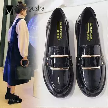 4-стильные женские туфли-лоферы с бантом/металлической застежкой-буклей, балетки, британские лакированные кожаные туфли, женские туфли на толстом каблуке, эспадрильи 2024 4.5