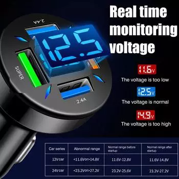 4 USB Car Charger QC3.0 Fast Charging Adapter LED Display Real In Monitors Car Battery Time Voltage The V2C4