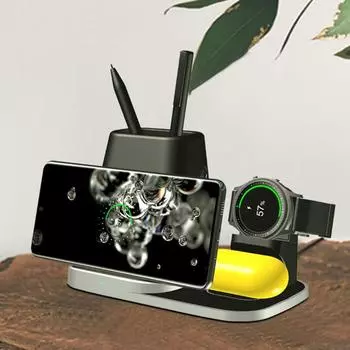 4 в 1, 10 Вт, беспроводное зарядное устройство, подставка-держатель для мобильных телефонов Samsung Galaxy Watch Buds iPhone Huawei с настольным органайзером-карандашом чёрный