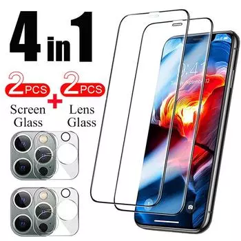 4 в 1 = 2 шт. стекло для объектива + 2 шт. стекло для экрана 3D-объектив для полноэкранной защиты объектива камеры для iPhone 14 11 12 13 Pro Max Mini Plus закаленное защитное стекло iPhone 14 Plus чёрный