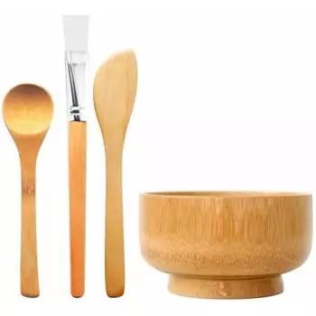 4 в 1 Деревянные маски для лица Набор мисок для смешивания Маски для лица Инструмент для смешивания Чаша для грязи для лица Аппликатор для лица с миской Кисти Ложка Шпатели для макияжа своими руками 4pcs/set