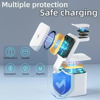 4 в 1 Магнитная быстрая зарядка подходит для iPhone 15 Телефон Наушники и часы 3 в 1 Bluetooth Динамик Беспроводное зарядное устройство белый
