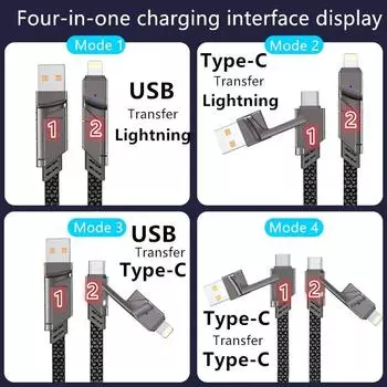 4 в 1 PD 100 Вт USB Type C кабель для передачи данных для быстрой зарядки для iPhone 15 14 13 12 11 Samsung Xiaomi Redmi Huawei проводной кабель для быстрого зарядного устройства 1 M