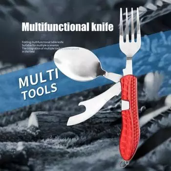 4-в-1 складная походная посуда из нержавеющей стали, ложка, вилка, нож, открывалка для бутылок, комбинированный набор, портативная многофункциональная легкая уличная посуда чёрный