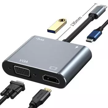 4 в 1 удлинитель USB-адаптер C Type-c к HDMI-совместимому адаптеру Vga Usb3.0 для аудио и видео, быстрое зарядное устройство серый