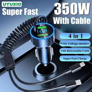 4 в 1 USB C Автомобильное зарядное устройство для телефона Супер быстрый в автомобиле со светодиодным монитором напряжения Выдвижной кабель для iPhone 15 14 Samsung Black Car Charger