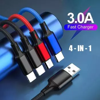 4 в 1 USB-кабель для iPhone 3 в 1 USB A на Micro USB/Type C/8-контактный зарядный кабель 3A кабель для быстрой зарядки для Huawei Samsung Xiaomi 1.2m