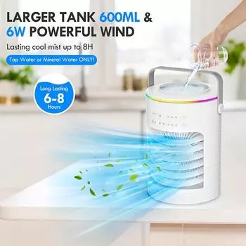 4-в-1 USB Мини Портативный Кондиционер Вентилятор 3 Скорости Испарительный Воздухоохладитель Светодиодный Таймер Бак 600 мл Персональный Охлаждающий Настольный Вентилятор белый