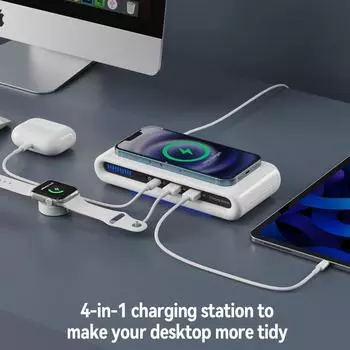 4 в 1 USB Type C Hub Беспроводное зарядное устройство 15 Вт Многопортовое QC3.0 Светодиодный индикатор быстрой зарядки для iPhone iWatch Гарнитура Android Phone белый