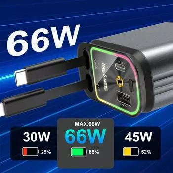 4 в 1 выдвижное автомобильное зарядное устройство с кабелем USB C Lightning Starlight в крыше автомобиля быстрая зарядка для телефонов iPhone и Samsung чёрный