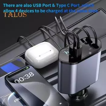 4-в-1 выдвижное автомобильное зарядное устройство USB-C USB-A быстрая зарядка поворотное автомобильное зарядное устройство на 180 градусов регулируемый адаптер направления для планшетов iPhone Lightning fpr Apple