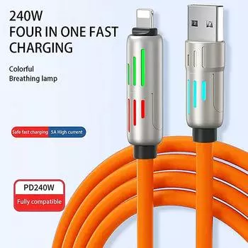 4 в 1 зарядное устройство с несколькими разъемами, вращающееся колено, USB-C, мобильный телефон, 1,2 м, 240 Вт, быстрая зарядка, силиконовый кабель, передача данных белый