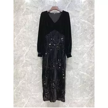 4b24 Velvet Lantern Sleeve Socialite Black Dress Sequins Black S