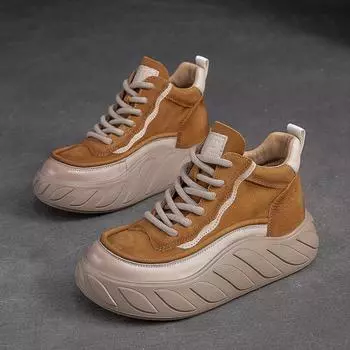 4CM Autumn Winter Women Boots Quality Cow Leather Mixed Colors Lace-Up Ankle Boots For Women High Top Flat Platform Shoes 35