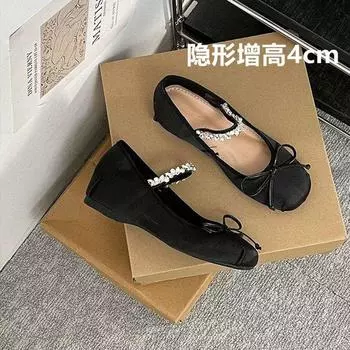 4Cm small man invisible height increase ballet shoes women 2025 rhinestone bow light mouth satin outer wear single shoes women 35