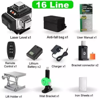 4D 16-линейный лазерный уровень, функция самовыравнивания на 360 °, выравнивающая лазерная наклейка на стену с вертикальной горизонтальной наклонной линией 2*Batteries