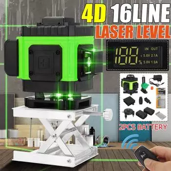 4D 16-линейный лазерный уровень Мощный лазерный уровень зеленого света с дистанционным управлением Горизонтальная вертикальная система самовыравнивания с батареей