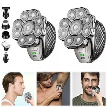 4D бритвы для лысых мужчин, перезаряжаемые, 9 плавающих лезвий, бритвы для влажной и сухой лысины, 6 в 1, триммер для бороды, носа, ушей, машинка для стрижки волос