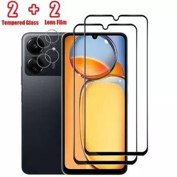 4IN1 [2 стекла + 2 пленки для объектива] Полноэкранные защитные пленки из закаленного стекла HD для Redmi Note 13 4G 5G / Note 13 Pro A3 A3X 13c POCO X6 Pro M6 C65 RedMi 13 чёрный