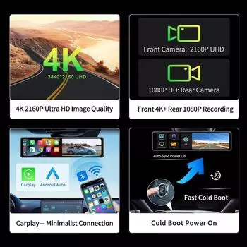 4K 12-дюймовый потоковый медиа-автомобильный регистратор Hicar&Carplay&Android Auto Wifi автомобильный навигатор видеорегистратор заднего вида с двумя объективами None