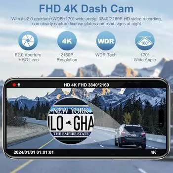 4K 2-Channel Dash Cam with WiFi APP - Ultra HD Car Video Recorder, Wide-Angle, Night Vision, Loop Recording & Parking 32G чёрный