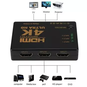 4K 2K 3x1 HDMI-кабель-сплиттер HD 1080P Адаптер видеопереключателя 3 входа 1 выходной порт HDMI-концентратор для Xbox PS4 DVD HDTV ПК Ноутбук ТВ чёрный