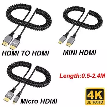 4K@60HZ 0.5-2.4M Micro mini HDMI-совместимый TO HDMI Minihdmi Microhdmi спиральный удлинитель гибкий спиральный кабель штекер-штекер HDMI