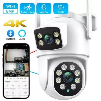 4K 8MP PTZ WIFI камера двойной объектив двойной экран 4X цифровой зум IP-камера HD автоматическое отслеживание наружное видеонаблюдение приложение iCSee
