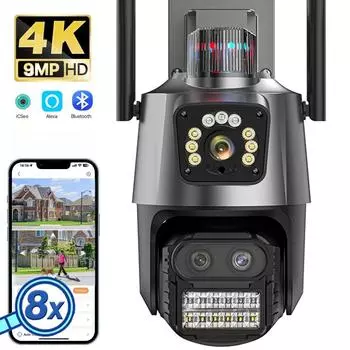 4K 9MP HD IP-камера европейского стандарта для улицы, 8-кратный зум, три объектива, двойной экран, Wi-Fi, PTZ-камера, 4MP, полицейская световая сигнализация, видеонаблюдение ICSEE