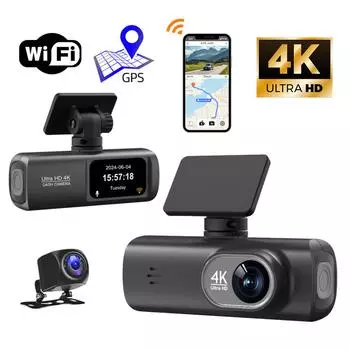 4K Dash Cam Dual Lens Driving Recorder Автомобильный видеорегистратор 1080P Камера заднего вида Встроенный WiFi GPS 24-часовой мониторинг парковки DVR no card чёрный