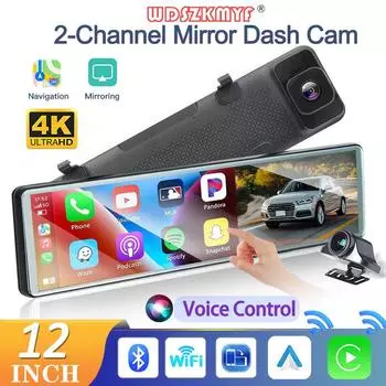4K Dual len Dash Cam 12 дюймов Беспроводной CarPlay Android Auto Автомобильный видеорегистратор BT FM Stream Зеркало заднего вида Видеорегистратор Автомобильные аксессуары None