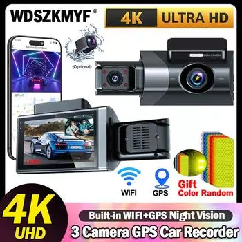 4K камера переднего и заднего вида GPS 3-объективный видеорегистратор для автомобилей Видеорегистратор WIFI камера для транспортного средства Автомобильный видеорегистратор 24H Комплект оборудования для автомобиля NONE