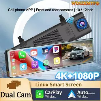 4K Зеркало Автомобильный Видеорегистратор Беспроводной Carplay Android Auto 10/12 дюймов Передняя и задняя Камера Bluetooth FM Видеорегистратор для Автомобиля Камера Для Транспортного Средства NONE