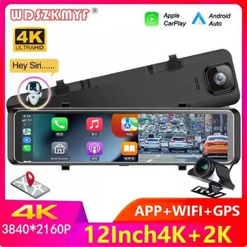 4K зеркало заднего вида Автомобильный видеорегистратор Беспроводной Carplay Android Auto 12-дюймовая передняя и задняя камера BT FM Видеорегистратор для автомобиля Камера для транспортного средства NONE