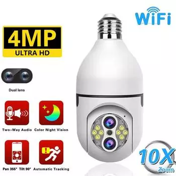 4MP 10X Zoom Двойной объектив E27 Лампочка наблюдения PTZ Панорамная IP-камера для умного дома Монитор для домашних животных Двухстороннее аудиообнаружение движения