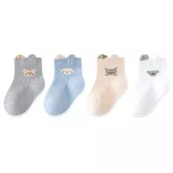 4Pairs Baby Socks Cute Cartoon Bear Infant Boy Girl Cotton Socks Spring Autumn Toddler Kids Mid Tube Sock fit 0-6 months