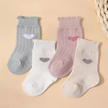 4Pairs Cute Heart Baby Socks Spring Summer Children Cotton Sock 0-2Year Girl Newborn Footwear Solid Color Love Middle Tube Socks 0-6Month