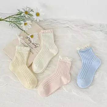 4Pairs Girls Bow Socks Summer Mesh Sock Princess Ruffle Calf Socks Sweat Absorbing Breathable Thin Children Cotton Sock 3-12Year 3-5Year