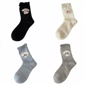 4Pairs Kawaii Bowknot Ruffle Socks Anti-slip Mid-calf Socks Women Sweet Tube Socks Streetwear