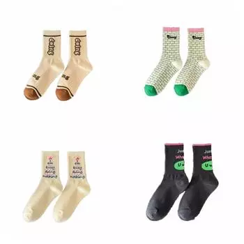 4Pairs Patchwork Letter Printed Socks Kawaii Socks Women Fashion Retro Lattice Socks Streetwear 4Pairs