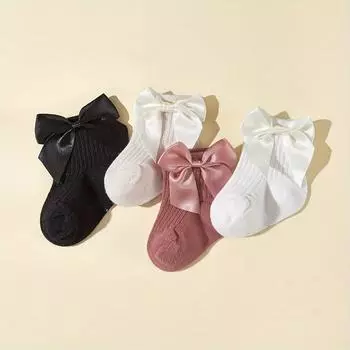 4pairs/set Baby Bow Middle Tube Socks Spring and Autumn Girls Solid Color Newborn Cotton Socks Suitable for 0-3Years XS(0-6m) разноцветный