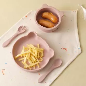 4PCS Baby Silicone Dinner Set Suction Cartoon Bear Bowl Dishes Silicone Spoon Fork Eating Training Baby Tableware Soft Utensils горчичный